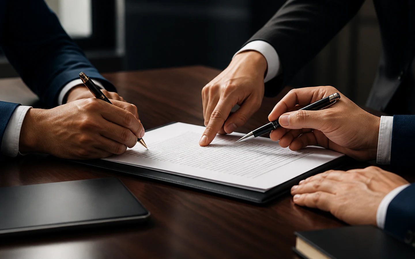 Profesionales revisando cuidadosamente un contrato durante una asesoría jurídica